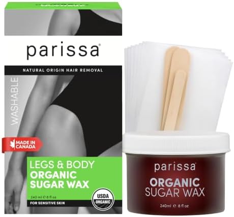 Parissa Organic Sugar Wax Kit for Hair Removal – Microwavable Sugar Wax for Face, Legs & Body, USDA Certified Organic, Water-Washable & Gentle for Sensitive Skin (8 fl oz)