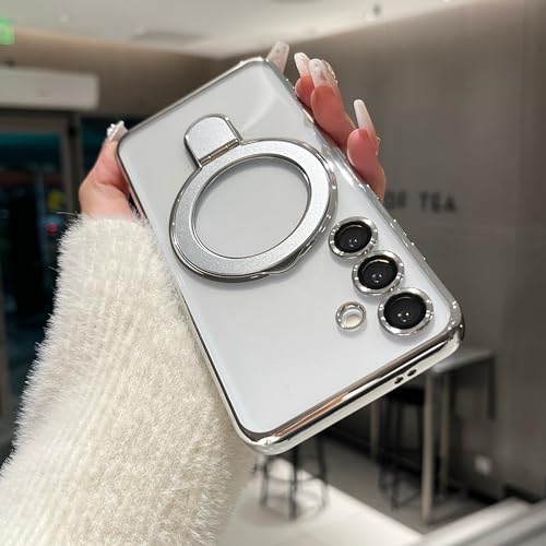 ZTOFERA for Samsung Galaxy S24 Case with Invisible Stand & Ring Holder[Compatible with MagSafe] [Military Drop Protection] Transparent Electroplated Bumper Phone Case - Clear Silver by ZTOFERA - Image 8