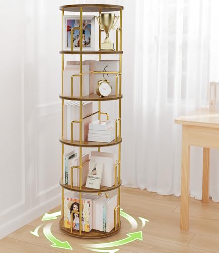 Amzeth 5-Tier Rotating Gold Bookshelf for Small Spaces
