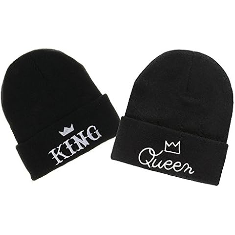 MIUNIKO Couples Lovers Fashion King and Queen Winter Warm Knit Skull Cap Ski Beanie Hats, 2-Piece Set Black Cover