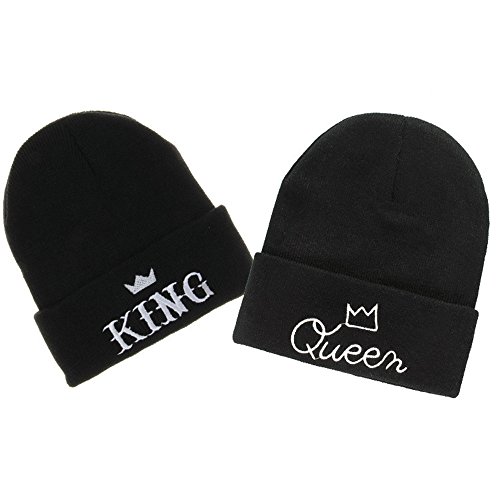 MIUNIKO Couples Lovers Fashion King and Queen Winter Warm Knit Skull Cap Ski Beanie Hats, 2-Piece Set Black