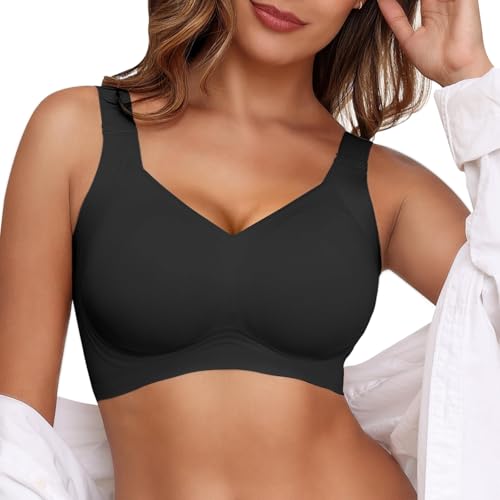 KeepMyself Women's Wireless Push Up Bra for Older Women, Full Coverage Seamless Supportive Back Smoothing T-Shirt Bra, Plus Black