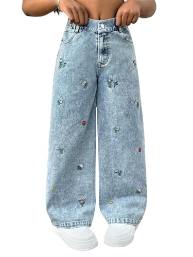 Milumia Girl's Floral Embroidery High Waist Denim Pants Straight Leg Loose Cute Jeans