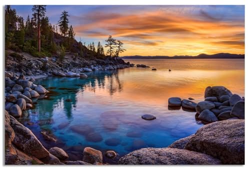 Stunning Lake Tahoe,Shore Colorful Sunset,Cool Wall Art Canvas Wall Art For Living Room Decor Aesthetic Vintage Posters & Prints Over Bed Wall Decor Prints For Wall,16x24 inches,Unframed