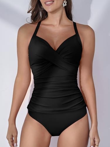 Image of B2prity Women's Tankini Swimsuits Tummy Control Ruched V Neck Bathing Suit