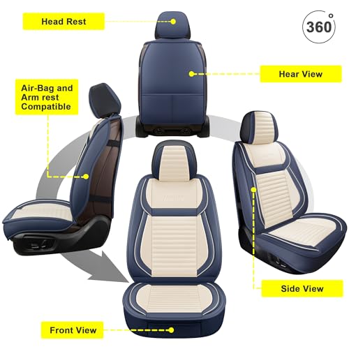 LINGVIDO Waterproof Car Seat Covers Front Pair, Universal Leather Seat Covers for Cars SUV Trucks with Head Pillow, Automotive Protectors Fit Most Vehicles (White & Blue) - Thumbnail 2
