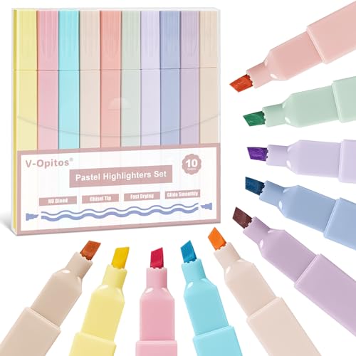 V-Opitos Highlighters Set in 10 Assorted Pastel Colors, No Bleed Bible Highlighters, Soft Chisel Tip, Aesthetic Cute Highlighters, Ideal School Office Supplies