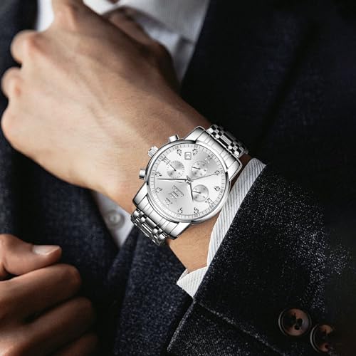 OLEVS Men's Chronograph Watch, Gold Silver Stainless Steel Analog Quartz Watch, Waterproof Multi-Function Dial with Date Diamond Watches for Men - Image 3