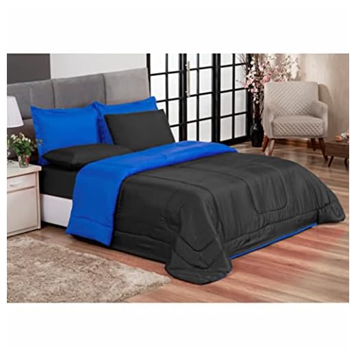 Kit Edredom Casal Queen Jogo de Lençol 06 peças Aconchego Dupla Face Preto e Azul Casa Dona