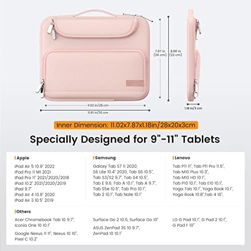 MoKo 9-11 Inch Tablet Sleeve Case, Fits iPad air 5 10.9" 2022, iPad Pro 11 M2 2022-2018, iPad 9/8/7th Gen 10.2, Tab S8 11", Waterproof Polyester Bag with Double Pockets, Retractable Handle, Pink