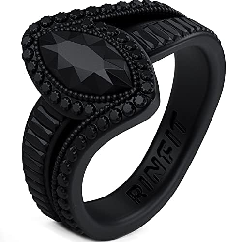 Rinfit Silicone Rings for Women - Promise Silicone Ring Women - Rubber Wedding Rings - Silicone Wedding Bands Women - Marquise & Pear Collections - Black, Size 7