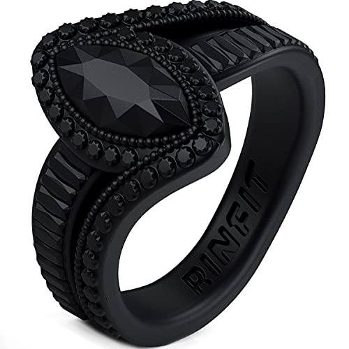 Rinfit Silicone Rings for Women - Promise Ring for Her - Rubber Wedding Bands Women - Marquise Patented Design - Black, Size 5