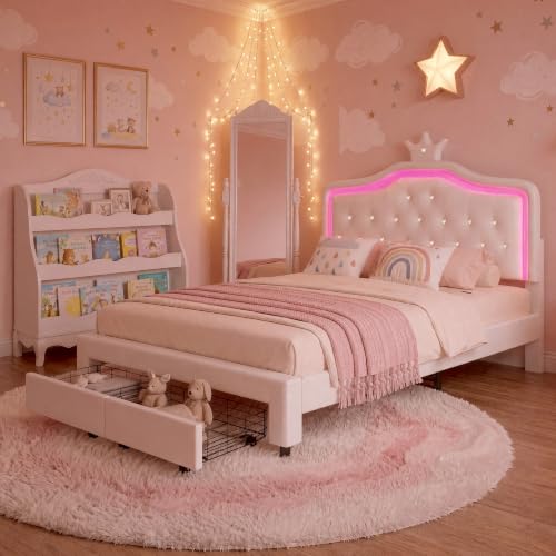 BRILVERDE Lit Princesse 140x200 cm avec tête de lit Couronne, lit Enfant rembourré en Simili Cuir Blanc avec LED RGB, 2 tiroirs de Rangement et sommier à Lattes