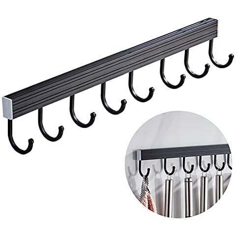 Longwu Sliding Hooks, Nail Free Black Space Aluminum Hanging Rack Rail Organize Kitchen Tools, Row Hook for Towel, Spoon,Bathroom,Bathrobe, Coat Hooks,Wall Mounted Hanger Cover