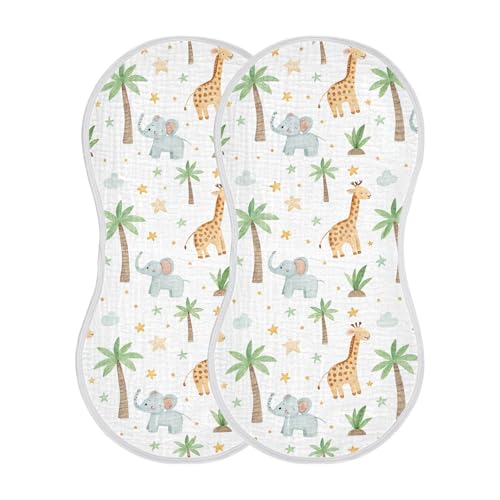 Burbuja Safari Giraffe & Elephant Muslin Baby Burp Cloths, Soft & Absorbent Cotton Burping Rags for Newborn Boys & Girls, 2 Pack