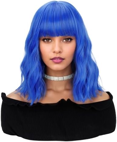 VCKOVCKO Pastel Wavy Wig With Air Bangs Women's Short Bob Purple Pink Wig Curly Wavy Shoulder Length Synthetic Cosplay Colorful Wigs for Girls (12",Purple Pink)