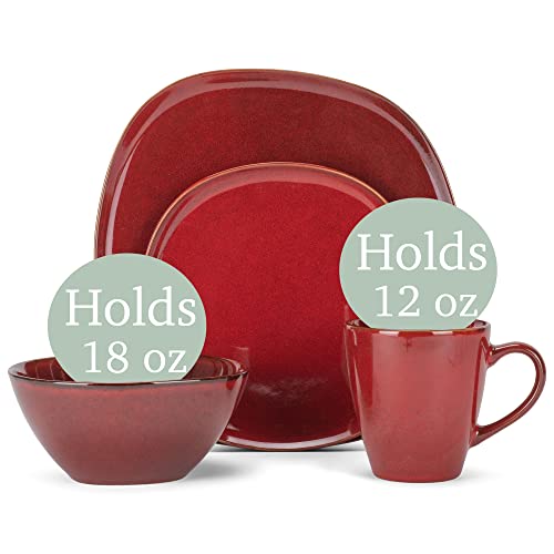 Elanze Designs 16-Piece Modern Chic Smooth Handmade Shape High Gloss Ceramic Stoneware Plate Mug & Bowl Kitchen Dinnerware 16 Piece Set - Service For 4, Deep Crimson Red #TOP1