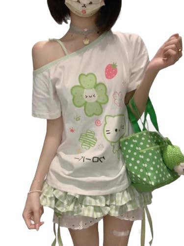 Image of Y2K Harajuku Cartoon Print T-Shirts Gothic Women Cutecore Shirt Fashion Off Shoulder T Shirt Kawaii Sweet Girls Tees Tops, White, S