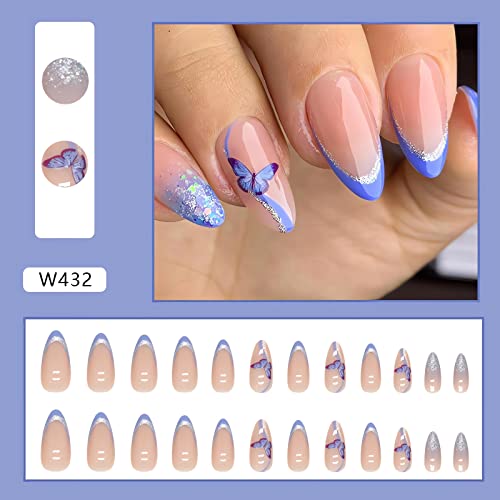 Lpooddnu Almond Press On Nails With Blue Butterfly Designs Medium Fake Nails Glossy French Tip Press On Nails Glitter Acrylic Nails Cute Butterfly False Nails For Women Diy Manicure Decorations 24Pcs #TOP1