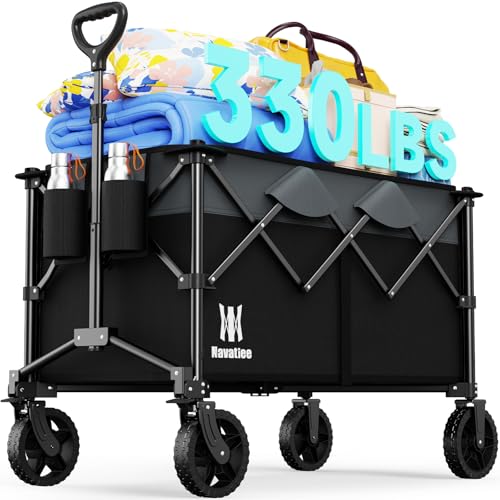 Navatiee 165L Collapsible Folding Wagon, Large Foldable Wagon with Silent All-Terrain Wheels, 330Lbs Heavy Duty Utility Grocery Cart for Camping Shopping Outdoor, Black