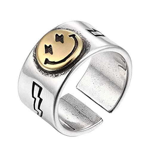 Brishow Women s Ring Silver Wide Smiley Face Rings Chunky Smiling Face Vintage Band Rings Smile Gold Face Open Adjustable Bands Jewelry for Women and Gir