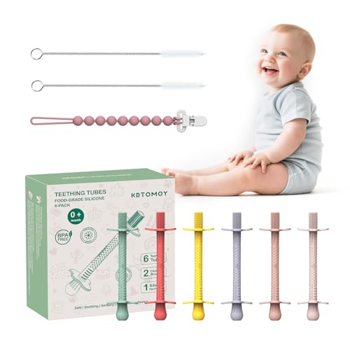 Baby Teething Toys 3-6 months, 6 Pack Silicone Teething Tubes for Babies 6-12 Months, Non-Choking Stick Teethers Chew Straws for Infants & Toddlers Teething Relief (Rose Pink Lavender Mint Yellow Red)