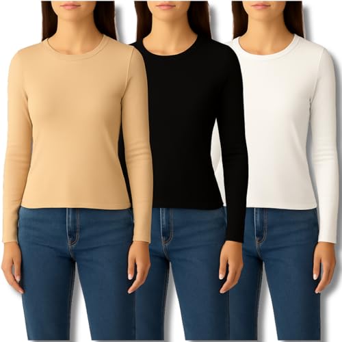 La Mejor Lista de Térmicos para Mujer para comprar online. 45 Genérico Set de 3 Camisetas Térmicas para Mujer - Cuello Redondo, 195g, Tela Afelpada en Colores Blanco, Negro y Beige | Blusas Térmicas de Manga Larga para Invierno y Ropa...