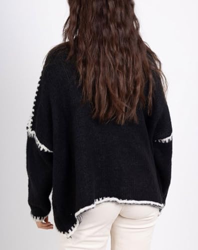Image of chouyatou Women Fall Open Front Color Block Cardigan Sweater Casual Striped Chunky Knit Oversized Cardigan