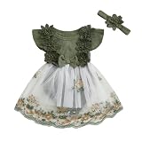 Carolilly Vêtement Nouveau Né Bébé Fille Eté de 2 Pièces, Barboteuse à Manches Courtes avec Jupette en Dentelle Florale + Bandeau Assorti (0 24 Mois) (Vert B, 0 3M)