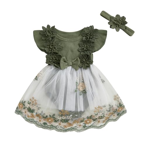 Carolilly - Ropa de bebé recién nacido de verano de 2 piezas, mameluco de manga corta con falda de encaje floral + diadema a juego (0-24 meses), Verde B, 3-6 Meses