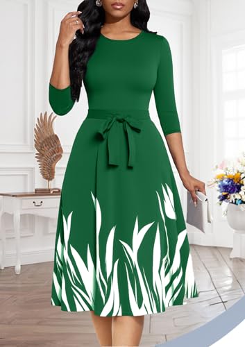 Image of Casual Dresses for Women Midi Church A-Line Fit and Flare Dress Crewneck 3 /4 Sleeve Party Dress