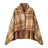 [HEWEAYTA] ブランケット 着る毛布 チェック柄 ボタン付き - ハーフケット 4way 裏起毛 もこもこ 厚手 肩掛け ひざ掛け 防寒 保温 100ｘ140㎝(ブラウン／イエロー Free Size)