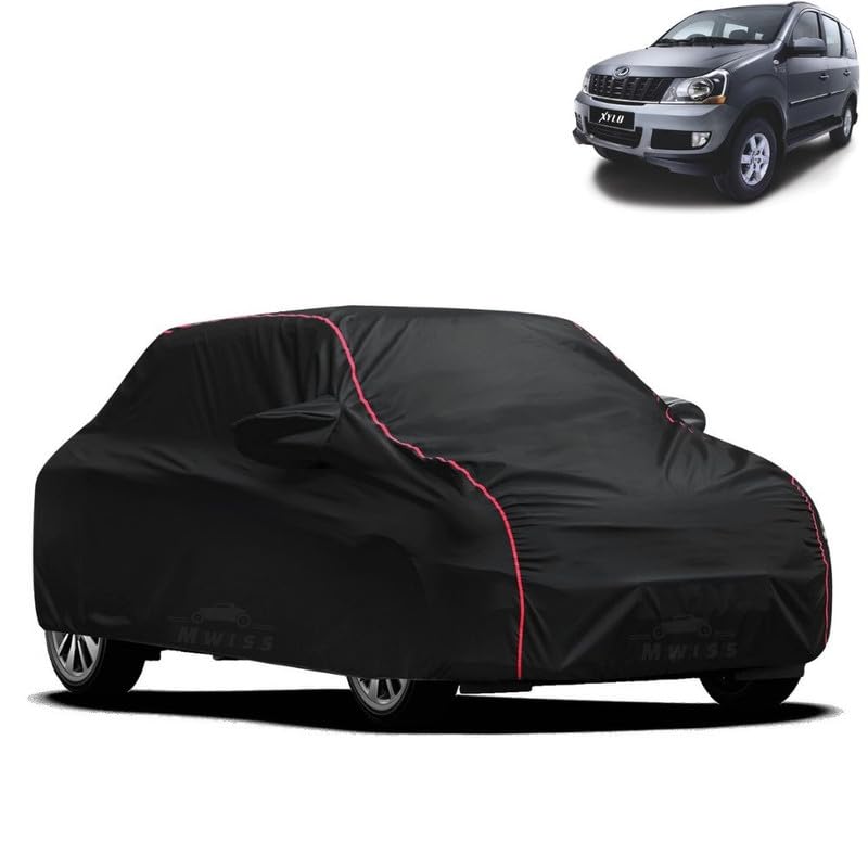 Image of Waterproof Car Cover for Mahindra Xylo | All-Weather Protection, Dustproof & UV Resistant | Triple Stitched Mirror Pockets, Windproof Buckle Strap with Elastic Hem, Black-Red Piping