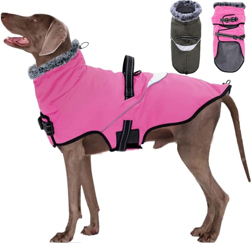LIANZIMAU Waterproof Dog Coat with Harness Reflective Dog Winter Coat with Fleece Lining & Fur Collar Warm Coat Jacket Dog for Small Medium Large Dog Cold Weather Coats Windproof