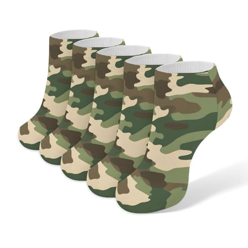 4TH N 5 Pack Men's Running Ankle Socks with Cushion, Casual Fashion Low Cut Sock for Hiking, Walking, Jogging Wear (Army Green Camouflage Vietnam Tiger Stripe Camo)