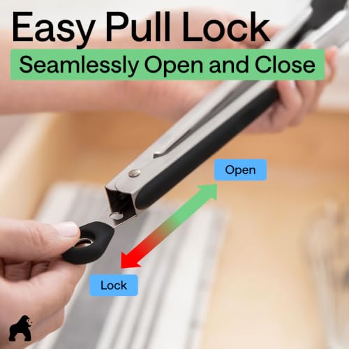 GORILLA GRIP Stainless Steel Heat Resistant Kitchen Tongs for Cooking, Set of 2 BBQ Tong, Non Scratch Silicone Tip for Pans, Strong Grip, Grab Food, Toss Salad, Air Fryer, Pull Lock, 7 + 9 Inch, Black