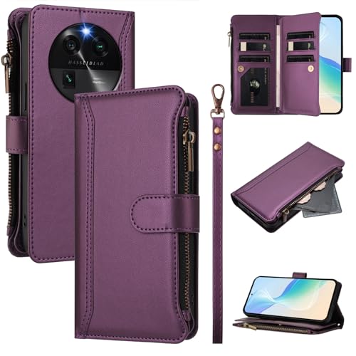 Rfvzubemok Compatible with Oppo Find X6 Pro 5G,Compatible with Oppo Find X6 Pro 5G Cover,Flip Kickstand Double Card Slots Zipper Wallet Case Purple