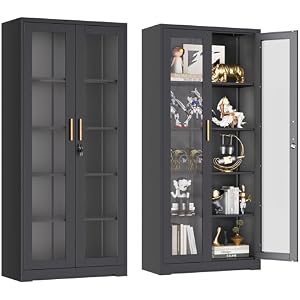UNICOLY Lockable Display Cabinet with Glass Doors and 4 Adjustable Shelves | Curio Cabinets，Liquor Bookcase Bookshelf with Doors, Metal Storage Cabinet for Living Room，Pantry, Black