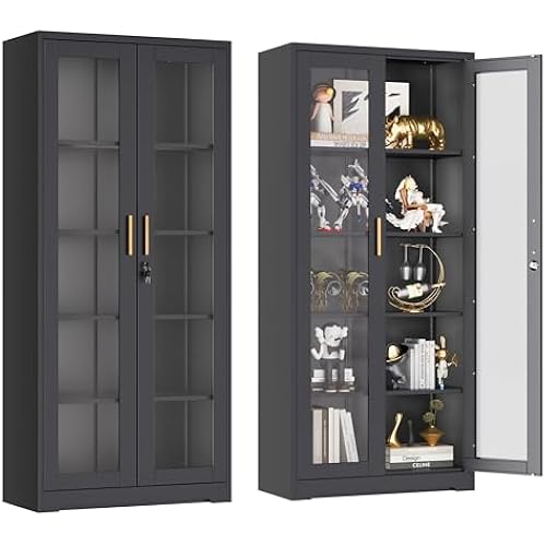 UNICOLY Lockable Display Cabinet with Glass Doors and 4 Adjustable Shelves