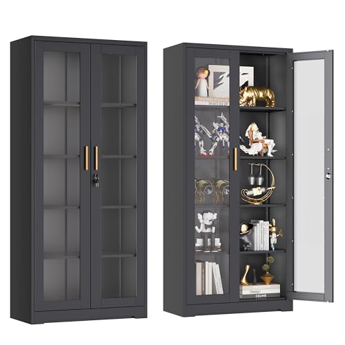 UNICOLY Lockable Display Cabinet with Glass Doors, Curio Cabinets with 4 Adjustable Shelves, Liquor Bookcase Bookshelf with Doors, Metal Storage Cabinet for Living Room Pantry, Black