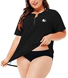 DAMEN UV SHIRT NEOPREN SHIRT ÜBERGRÖSSE RASHGUARD KURZARM BADESHIRT 1/4 ZIP SCHWIMMSHIRT SCHWARZ XXL