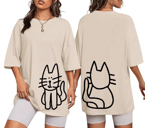 Lytiarul Cute Cat Shirts for Women Oversized Black Cat Graphic Tshirt Casual T-Shirt Kawaii Tees Aesthetic Funny Tops(Apricot,M)