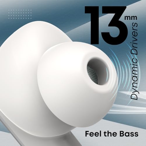 Image of pTron Bassbuds Gomax in-Ear TWS Earbuds w /Dual HD Mic & AI-ENC Calls, 36Hrs Playtime, Pristine Sound, 13mm Drivers, Bluetooth 5.3 Wireless Headphones, Voice Assist, Type-C Charging & IPX5 (Snow)