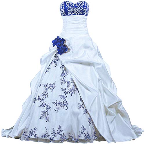Zorayi Élégant Bustier Broderie Robe de Mariée Taffetas et Organza A-Ligne Longue Blanc & Bleu Taille 52