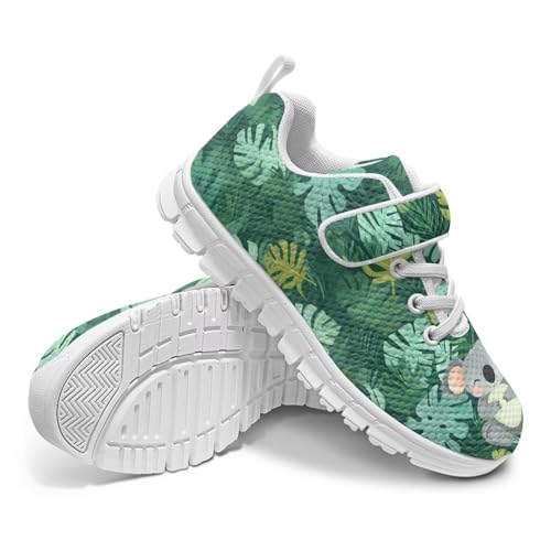 Boys Girls Sneakers Kids Lightweight Breathable Strap Athletic Running Shoes for Little Kid/Big Kid Koala Tropical Leaf Pattern（White Sole）4