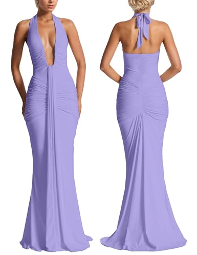 Women’s Evening Extra Long Dress Deep V-Neck Backless Halter Ruched Draped Elegant Club Party Maxi Dress Gown Outfits