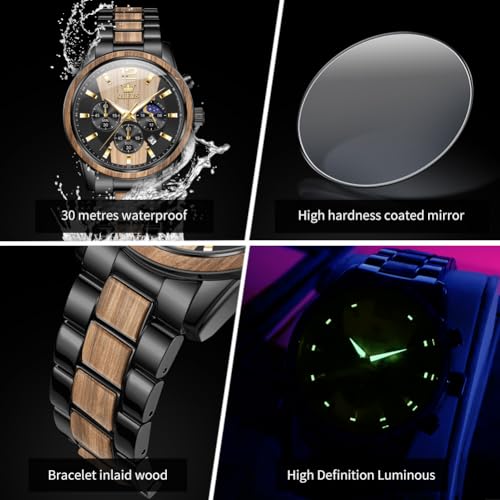Image of OLEVS Men Watch Wooden Accent Band Multi Function Dial Luminous Waterproof Casual Luxury Business Watch