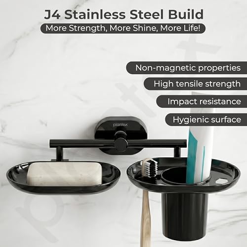 Image of Plantex J4 Stainless Steel Soap Dish with Tumbler Holder /Soap and Brush Holder for Bathrooom /2 in 1 Soap Holder with Toothbrush Holder /Bathroom Accessories (PVD Black Finish) Onix