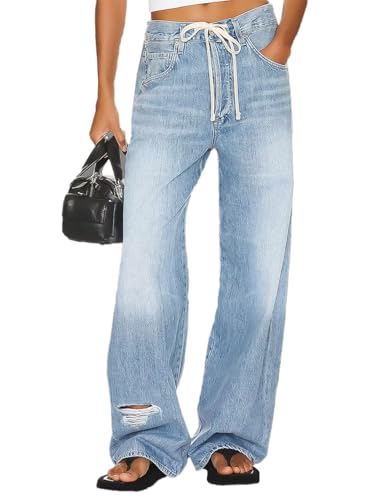 Wide Leg Low Rise Casual Drawstring Cut Out Denim Jeans with Pockets Womens Drawstring Jeans