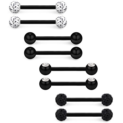 Ruifan 14G 9/16Inch Crystal Ball Nipple Tongue Shield Ring Barbell Body Piercing Jewelry Retainer 8Pcs - Black #TOP21